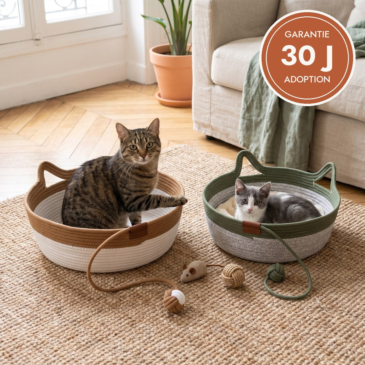 Panier griffoir pour chat, marron et vert, garantie adoption 30 jours
