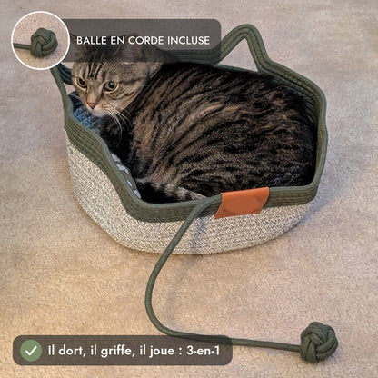 Panier 3-en-1 : il dort, il griffe, il joue avec la balle en corde