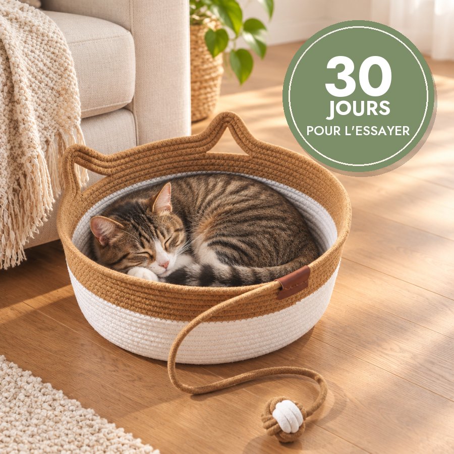 Chat endormi dans le panier, garantie 30 jours